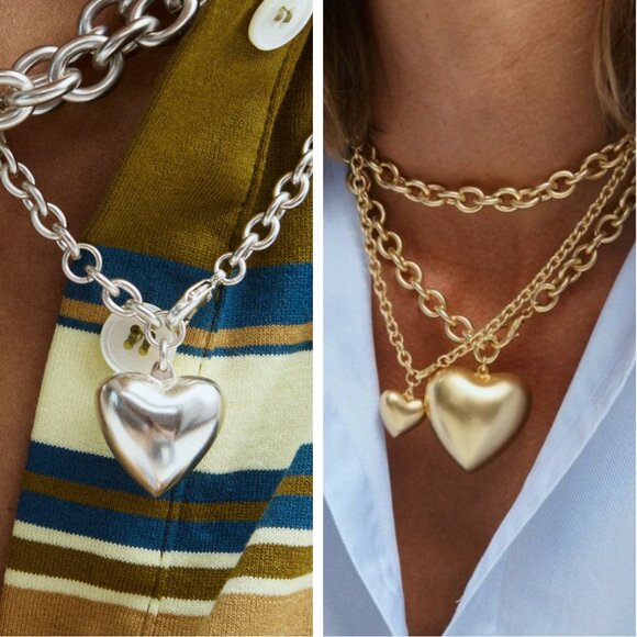 *Set* Roxanne Assoulin The Mini Puffy Heart Necklace Duo Gold/Silver - Picture 1 of 6